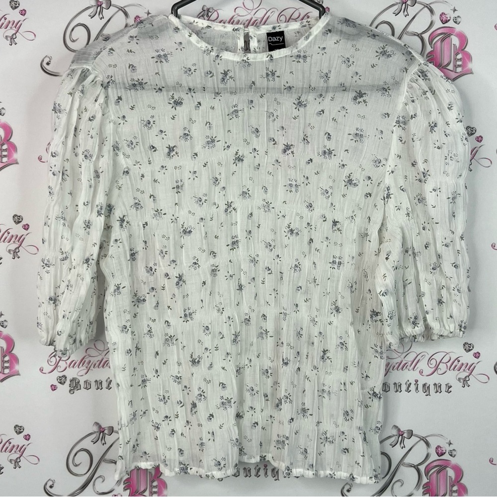 Dazy blouse pleated flowers bubble sleeve Floral White Blouse